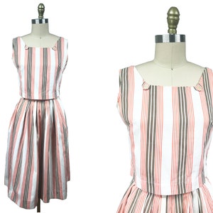 Vintage 1960s Striped 2PC Set - Blouse Matching Skirt White Brown Orange Waist: 27&quot;