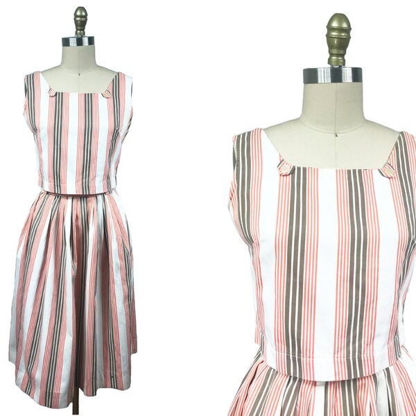 Vintage 1960s Striped 2PC Set - Blouse Matching Skirt White Brown Orange Waist: 27"