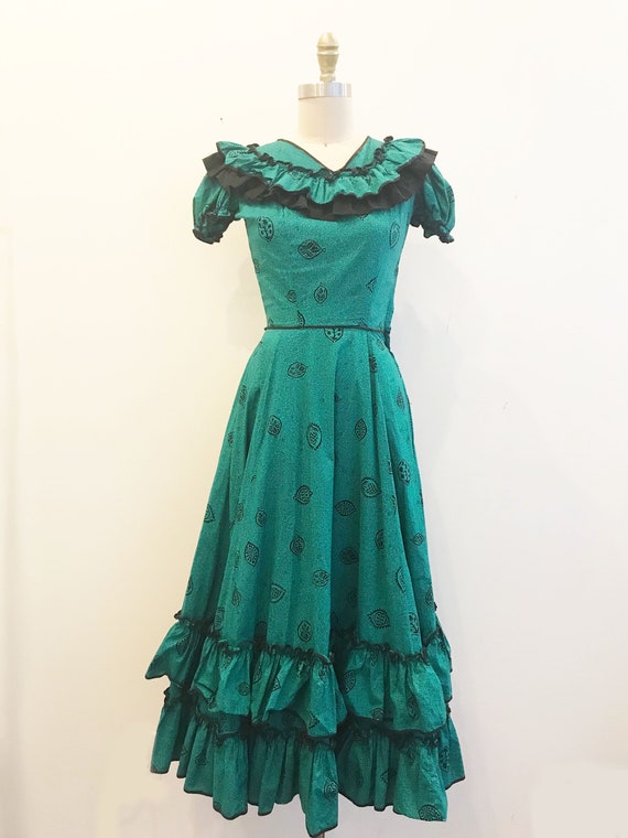 RARE Vintage 1940s Teal Black Dress Cotton Long D… - image 2