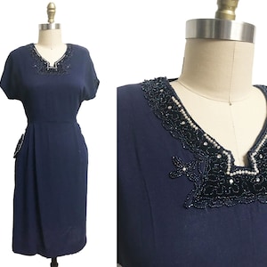 Vintage 1940s's Navy Blue Dress- Beaded Pearl Pockets Holiday Crepe Fabric Waist-32"