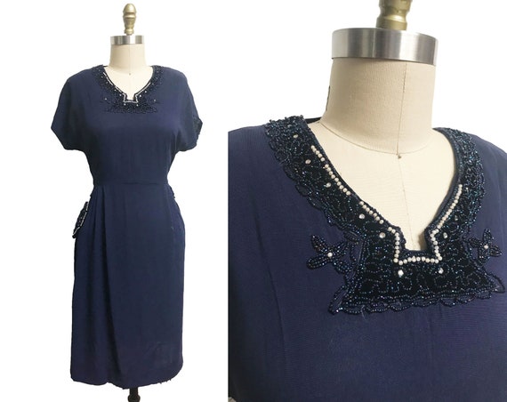 Vintage 1940s's Navy Blue Dress- Beaded Pearl Poc… - image 1