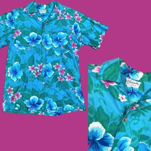 Vintage 1960s Aloha Shirt - Hawaiian Tiki Blue Pink Green Flower