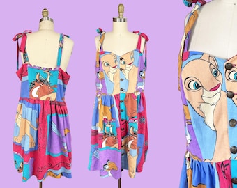 Vintage Handmade VOLUP 1990s König der Löwen Bettlaken Kleid - Tank-Ärmel Button-Down Sommer Tasche Taille: 92 cm