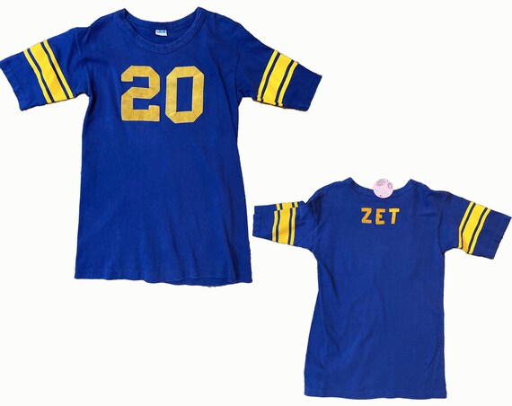 Vintage 1970s Champion Jersey T-shirt - Navy Blue Yellow Velvet