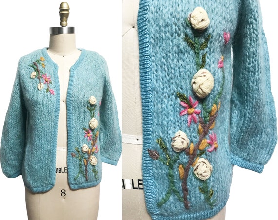 Vintage 1960s Blue Cardigan - Thick Embroidery Whi