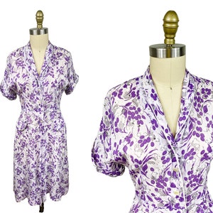 Vintage 1940s Lavender Purple Cold Rayon Dress - Cactus Novelty Print White Piping Detail Waist: 28&quot;