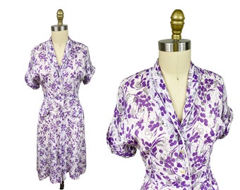 Vintage 1940s Lavender Purple Cold Rayon Dress - Cactus Novelty Print White Piping Detail Waist: 28"