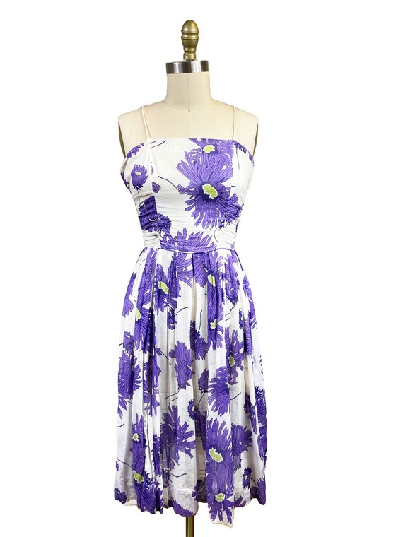 Vintage 1950s Cornflower Violet White Summer Dres… - image 2