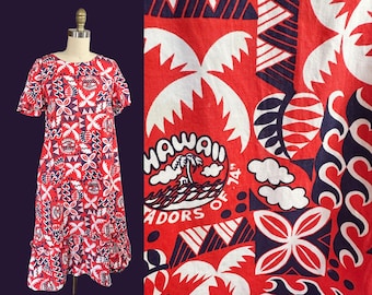Vintage Rare! 1970s Hawaiian Dress - Red White Matadors of 74" Marshall J. Willkings, Potentate Print