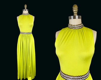 Vintage Chartreuse halterjurk jaren 60/70 - avondbal neongroen met lovertjes Taille: 25,5"- 27"