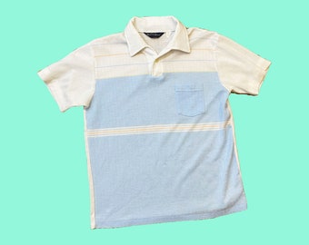 Vintage Worn on Marvelous Mrs Maisel 1970s Mens Terry Cloth Knit Blue Striped Short Sleeve Polo Shirt Chest: 42"