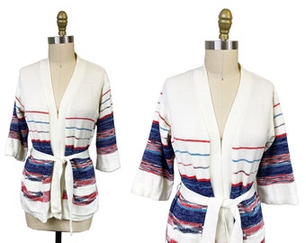 vintage années 1970 Blanc Bleu Rouge Wrap Cardigan - Taille Pull: XS / Petit