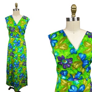 Vintage 1960er Jahre Tiki VOLUP Hawaii Blumen Figurbetontes Maxi Kleid mit Blumenmuster Taille: 34&quot;