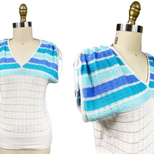 Vintage 1970s White Striped Knit Shirt - Blue Striped Blouse Size: Large