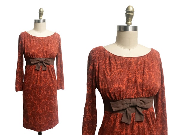 Vintage 1960s Fall Brown Orange Paisley Dress- Br… - image 1