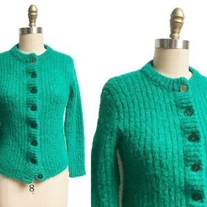 Vintage 1950s Teal Green Sweater - Fuzzy Cozy Knit Cardigan Sidney Gould Small