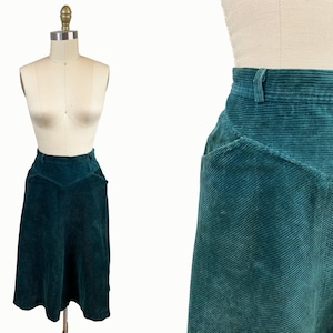 Vintage 1950s Dark Green Corduroy Skirt - High Waisted Full Pockets Winter Waist: 27&quot;