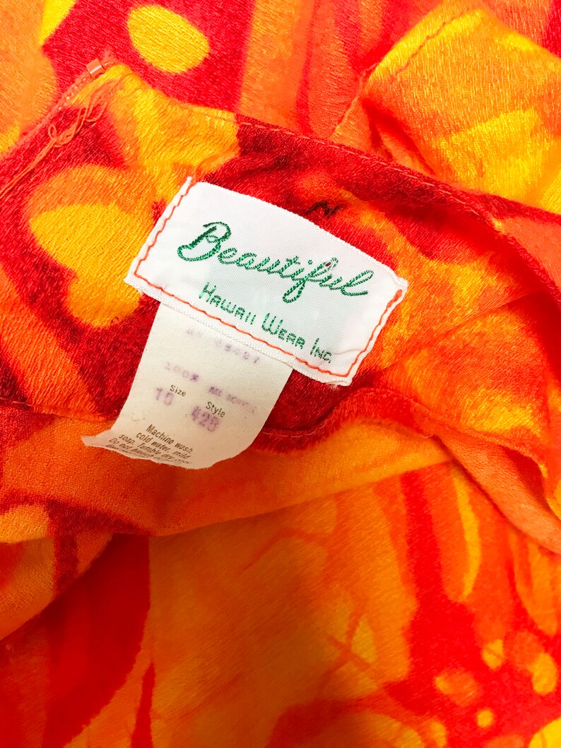 Neon Orange Floral Fire Tiki Beautiful Waist-30 Vintage 1960s Hawaiian Barkcloth Dress
