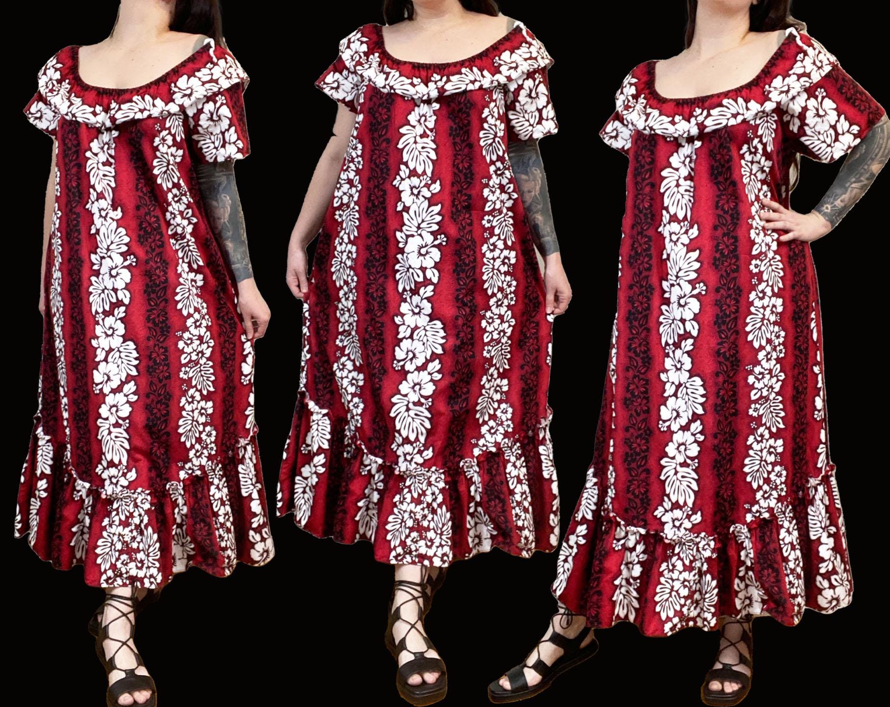 Vintage VOLUP 2000 Royal Hawaiian Red Dress - off Shoulder Maxi