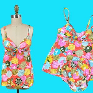 Vintage 1960s Bikini Two Piece Swimsuit - Orange Pink Blue Long Size: S/M