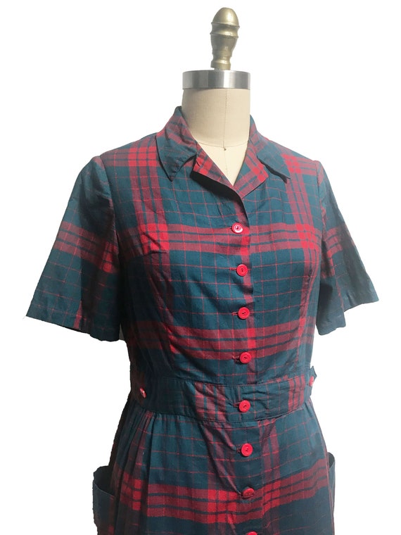 Vintage 1950s VOLUP Red Green Plaid Cotton Dress-… - image 3