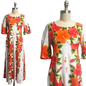 Vintage 1960s Langes weißes Hawaii Kleid - Barktuch Groß Orange Pink Hibiskusblüten Barktuch Maluna Größe: Small/ Medium