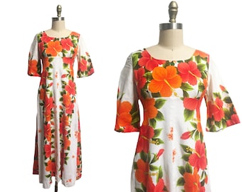 Vintage 1960s White Hawaiian Long Dress - Barkcloth Large Orange Pink Hibiscus Flowers Barkcloth Maluna Size: Small/ Medium