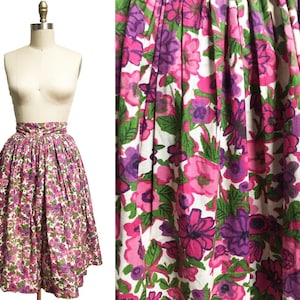 Vintage 1950s Pink Purple Flower Full Skirt - As Is Waist: 26&quot;
