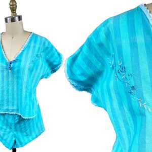 Vintage 1980s Striped PJ&#39;s - Blue Cotton Two Piece Pajama Set Top High Waisted Shorts Size: S-L