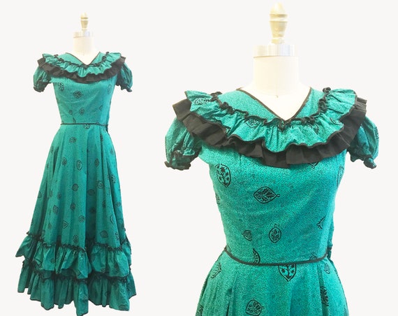 RARE Vintage 1940s Teal Black Dress Cotton Long D… - image 1