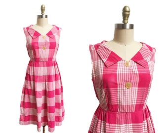 Vintage 1960s 1950s Pink White Plaid Dress - Big Button Front Cotton Summer Dress Waist: 28"