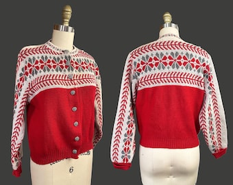 Vintage 1940s Fair Isle Cardigan - Red White Sweater Nordic Bavarian Silver Buttons