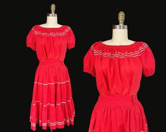 Vintage 1950s Red Patio Set - Blouse Matching Skirt Country Wester Square Dancing Silver Rick Rack Waist: 29.5"-34"