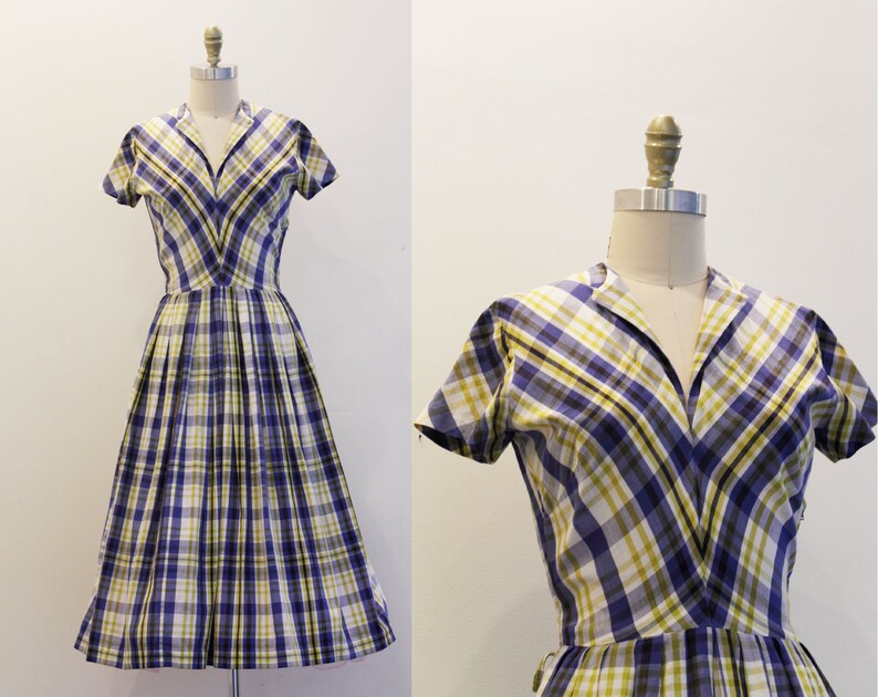 blue and yellow plaid dress