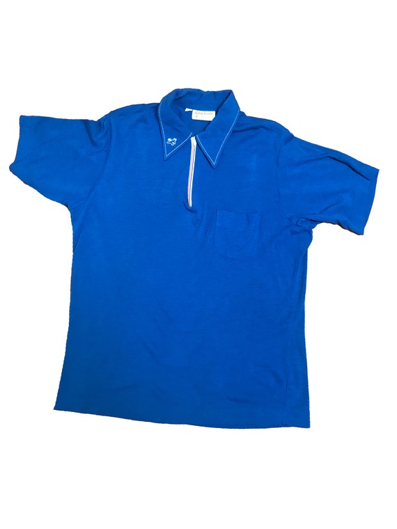 Vintage 1970s Mens Bowling Shirt - Blue Knit Zip … - image 2