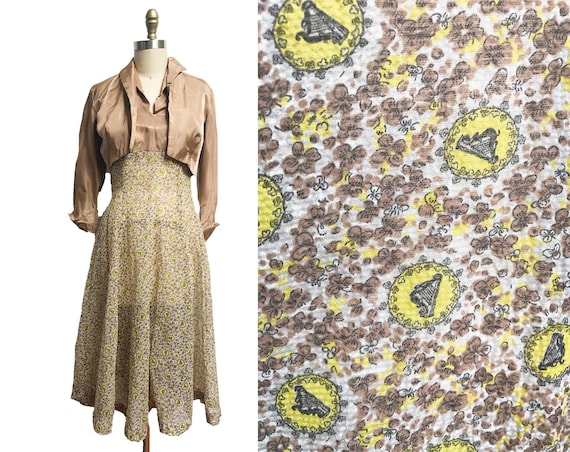 Vintage 1950s Novelty Print Dress- Yellow Gold Mat