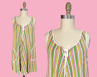 Vintage 1960s Beach Cover Up - Rainbow Striped Terry Cloth Pink Green Yellow White Pockets