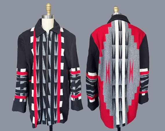 Vintage Native Jackets Santa Fe Southwest Jacket - Chimayo Aztec Red Black Grey Blanket Coat Zipper Front
