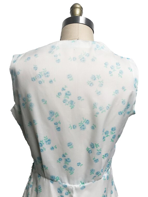 1950s Blue Rose White Polka Dot Sheer Floral Dres… - image 4