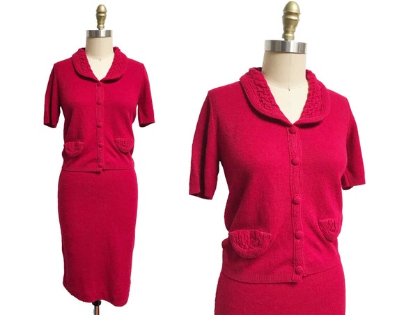 Vintage 1950s Red Sweater Knit Set - Matching Skir