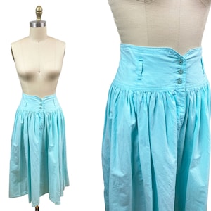 Vintage 1980s Sky Light Blue Skirt - High Waisted Button Front Full WaistL: 26&quot;