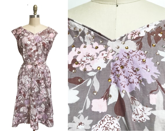 Vintage VOLUP 1950s Brown Pink Floral Dress - Mat… - image 1