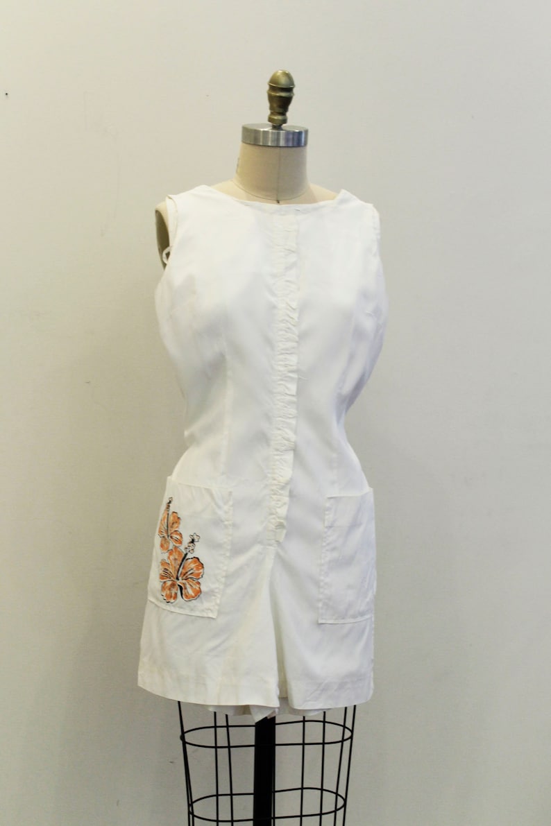 Hand Painted Flowers Tiki Oasis Hawaii Tropical Vacation Rare Vintage 1960s White Orange Hawaiian Playsuit Romper