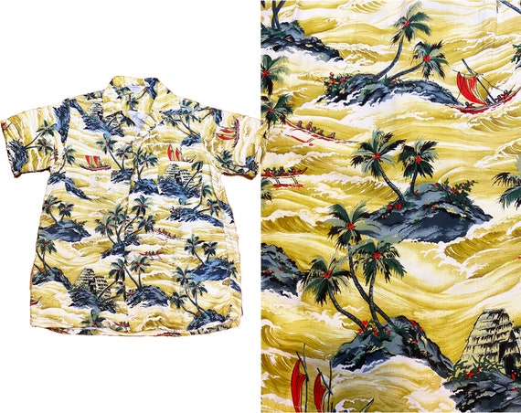 Vintage 1960s Hawaiian Rayon Shirt - Yellow Tiki Button up Short 