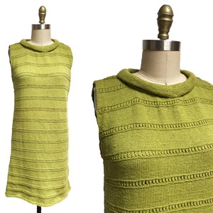 Vintage 1960s Green Knit Dress- Gold Sparkle Thread High Neck Collar Waist: Medium