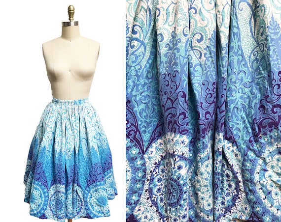 Vintage 1950s Novelty Skirt- Blue Pattern Swirl Ko