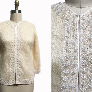 Vintage 1950s 1960s Ivory Mo Hair Cardigan- Fuzzy Sweater with White Beading Bust-36&quot; Medium