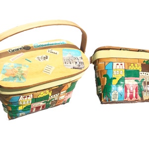 Vintage 1970s Annie Laurie Original Basket Purse - Souvenir Newspaper Handpainted Building Travel Them