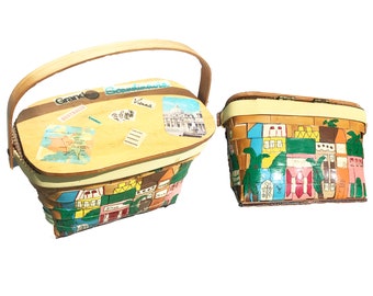 Vintage 1970s Annie Laurie Original Basket Purse - Souvenir Newspaper Handpainted Building Travel Them