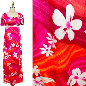 Vintage 1970s Day Glo Hot Pink Hawaiian Maxi Dress - Barkcloth White Floral Paint Strokes Empire Waist: 27&quot;
